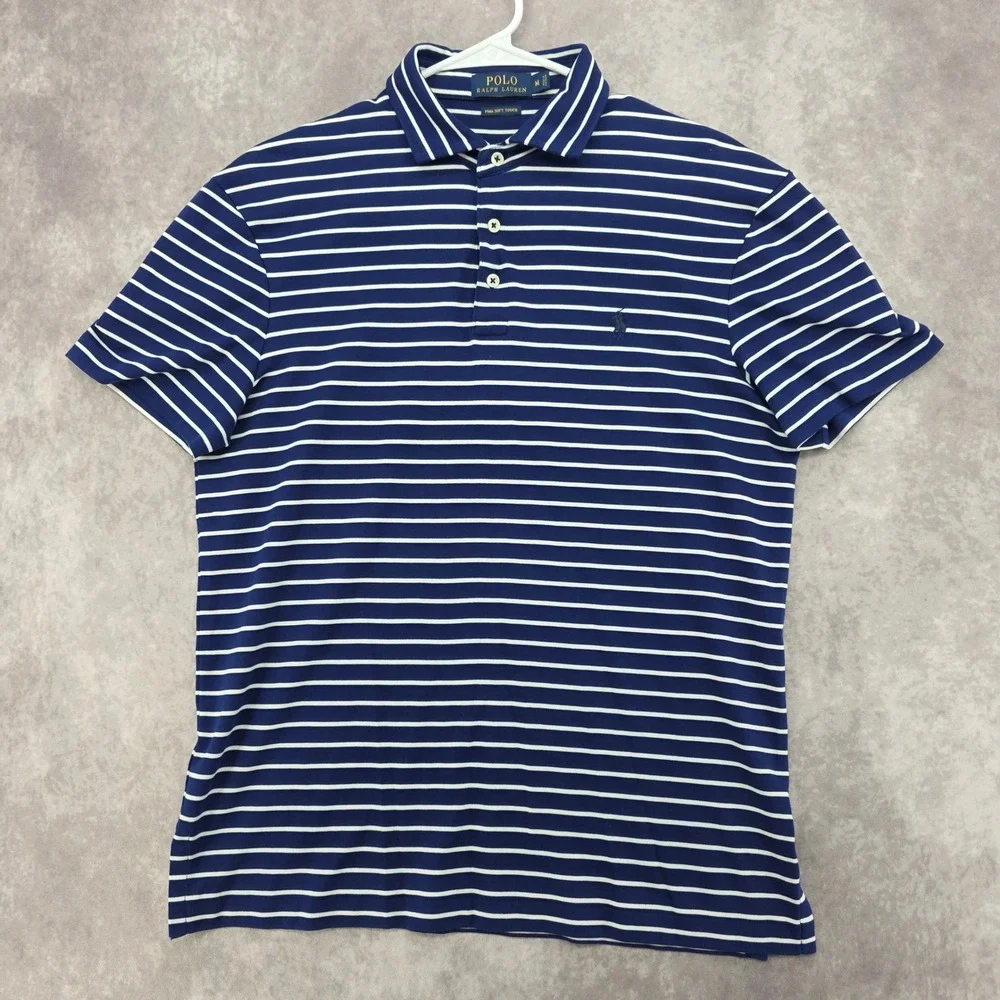 Polo Ralph Lauren Mens Medium Striped Polo Shirt Pima Soft Touch Navy Blue White